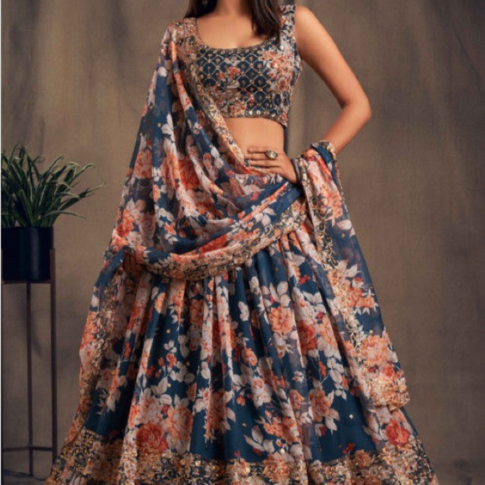 Digital Printed Organza Lehenga in Dark Teal Blue